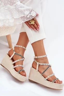 Boto Sandały Na Koturnie*Sandały Damskie Na Koturnie Ze Zdobieniem Na Paskach Beżowe Lunara Beżowy