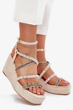 Boto Sandały Na Koturnie*Sandały Damskie Na Koturnie Ze Zdobieniem Na Paskach Beżowe Lunara Beżowy