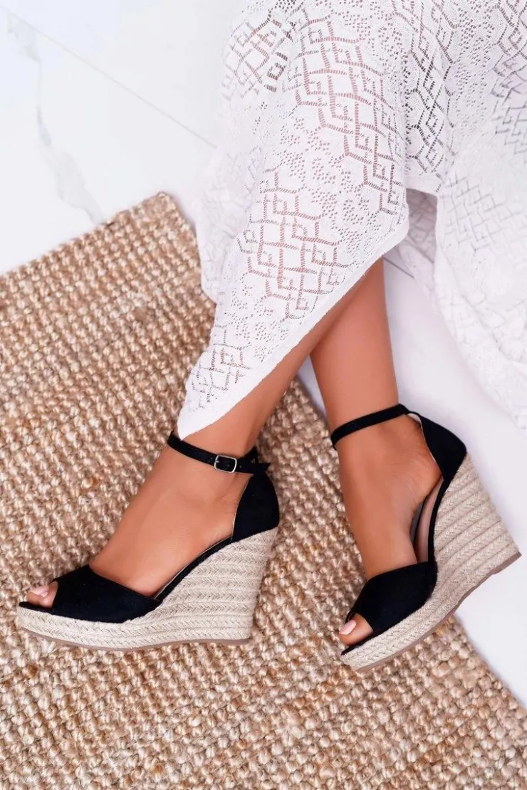 Boto Sandały Na Koturnie*Sandały Damskie Na Koturnie Espadryle Czarne Trame