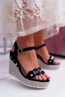 Online Boto Sandały Damskie Na Koturnie Z Dżetami Ćwiekami Czarne Alenni