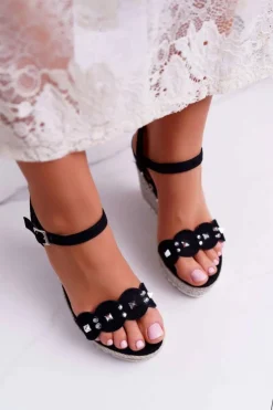 Online Boto Sandały Damskie Na Koturnie Z Dżetami Ćwiekami Czarne Alenni