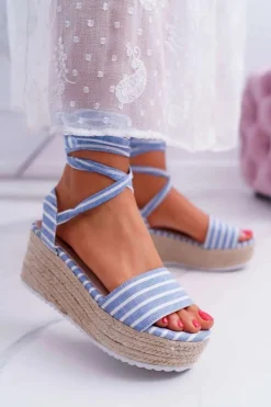 Damskie Boto Sandały Damskie Na Koturnie Platformie Lniane Wiązane Błękitne Jolyn