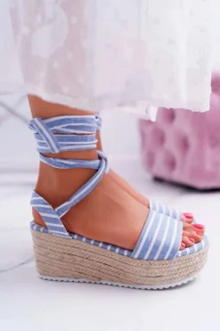 Damskie Boto Sandały Damskie Na Koturnie Platformie Lniane Wiązane Błękitne Jolyn