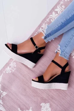 Damskie Boto Sandały Damskie Na Koturnie Lniane Czarne Liviana