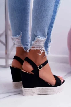 Damskie Boto Sandały Damskie Na Koturnie Lniane Czarne Liviana