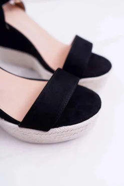 Damskie Boto Sandały Damskie Na Koturnie Lniane Czarne Liviana