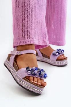 Damskie Damskie buty S.Barski Sandały Damskie Na Koturnie I Platformie Z Ozdobami S.Barski HY056 Fioletowe