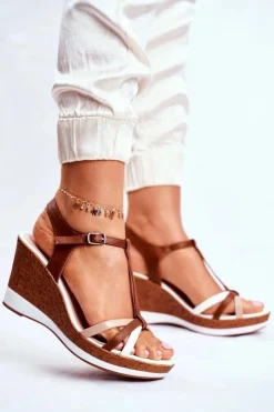 Buty Sergio Leone Sandały Na Koturnie*Sandały Damskie Na Koturnie Sergio Leone Brązowe SK308