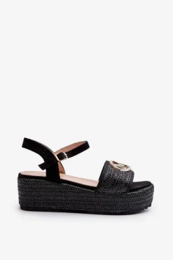 Outlet Boto Sandały Damskie Na Koturnie Z Plecionką Czarne Esalena