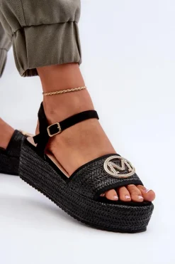 Outlet Boto Sandały Damskie Na Koturnie Z Plecionką Czarne Esalena