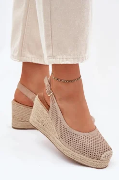 Boto Sandały Na Koturnie*Sandały Damskie Na Koturnie Z Plecionką Ciemnobeżowe Tulliata