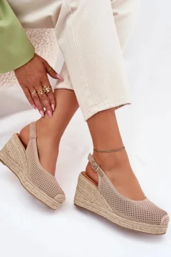 Boto Sandały Na Koturnie*Sandały Damskie Na Koturnie Z Plecionką Ciemnobeżowe Tulliata