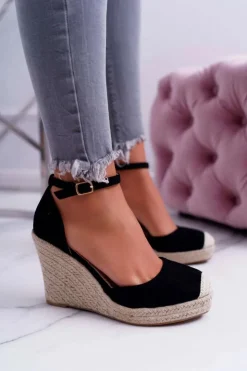 Damskie Boto Sandały Damskie Na Koturnie Lniane Czarne Tammaris