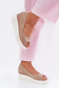 Damskie Boto Sandały Damskie Na Koturnie Z Eko Zamszu Beżowe Velira