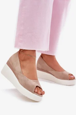 Damskie Boto Sandały Damskie Na Koturnie Z Eko Zamszu Beżowe Velira