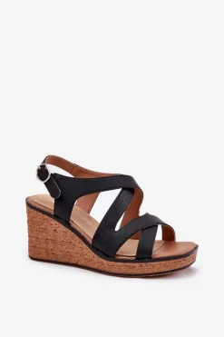 Hot Buty Sergio Leone Sandały Damskie Na Koturnie Sergio Leone SK223 Czarne Czarny