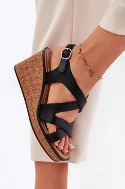 Hot Buty Sergio Leone Sandały Damskie Na Koturnie Sergio Leone SK223 Czarne Czarny