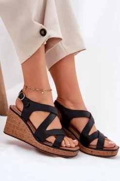 Hot Buty Sergio Leone Sandały Damskie Na Koturnie Sergio Leone SK223 Czarne Czarny