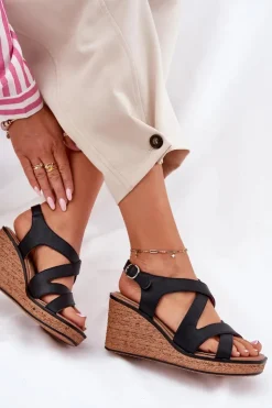 Hot Buty Sergio Leone Sandały Damskie Na Koturnie Sergio Leone SK223 Czarne Czarny