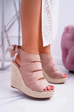 Clearance Boto Sandały Damskie Na Koturnie Lniane Wiązane Beżowe Cantare