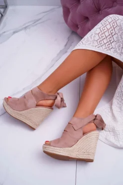 Clearance Boto Sandały Damskie Na Koturnie Lniane Wiązane Beżowe Cantare