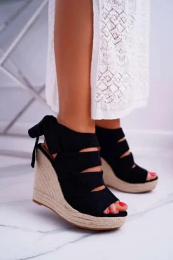 New Boto Sandały Damskie Na Koturnie Lniane Wiązane Czarne Cantare