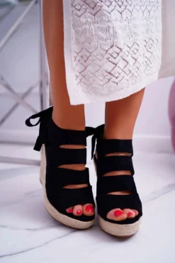 New Boto Sandały Damskie Na Koturnie Lniane Wiązane Czarne Cantare