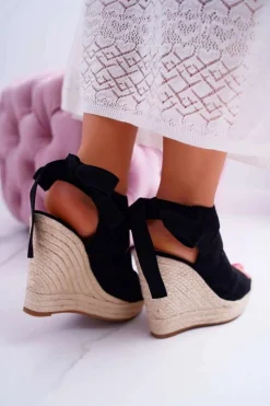 New Boto Sandały Damskie Na Koturnie Lniane Wiązane Czarne Cantare