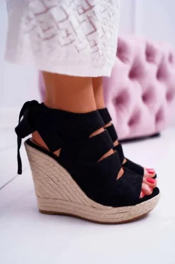 New Boto Sandały Damskie Na Koturnie Lniane Wiązane Czarne Cantare