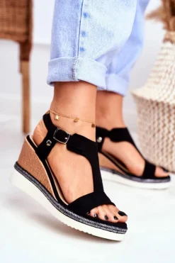 Boto Sandały Na Koturnie*Sandały Damskie Na Koturnie Czarne Rosa