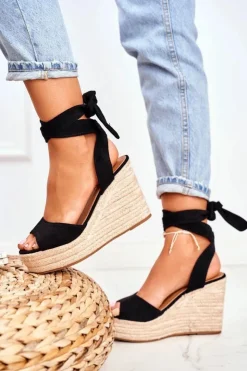 Boto Sandały Na Koturnie*Sandały Damskie Na Koturnie Espadryle Czarny Ollie