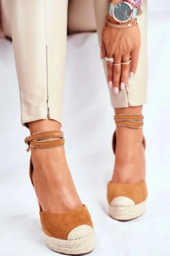 Discount Boto Sandały Damskie Na Koturnie Lniane Camel Canterola