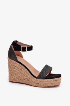 New Boto Sandały Damskie Na Koturnie Z Plecionką Czarne Adelio Czarny