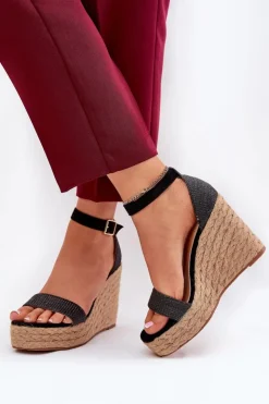 New Boto Sandały Damskie Na Koturnie Z Plecionką Czarne Adelio Czarny