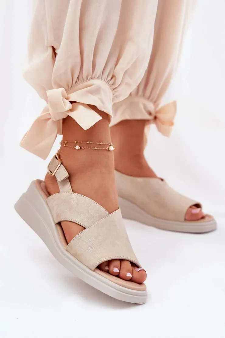 Boto Sandały Na Koturnie*Sandały Damskie Na Koturnie Z Eko Skóry Złote Quilara Złoty