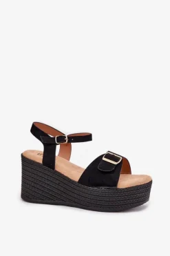 Outlet Boto Sandały Damskie Na Koturnie Z Klamrą Czarne Liniella Czarny