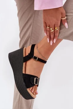 Outlet Boto Sandały Damskie Na Koturnie Z Klamrą Czarne Liniella Czarny