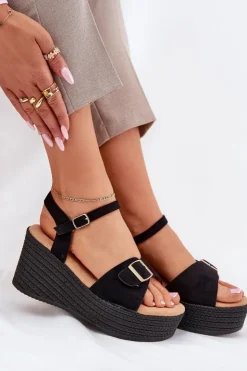 Outlet Boto Sandały Damskie Na Koturnie Z Klamrą Czarne Liniella Czarny