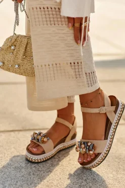 Damskie buty S.Barski Sandały Na Koturnie*Sandały Damskie Na Koturnie I Platformie Z Ozdobami S.Barski HY056 Beżowe