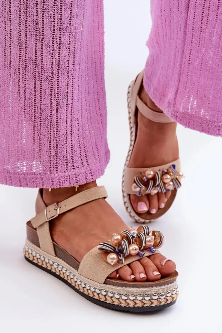 Damskie buty S.Barski Sandały Na Koturnie*Sandały Damskie Na Koturnie I Platformie Z Ozdobami S.Barski HY056 Beżowe