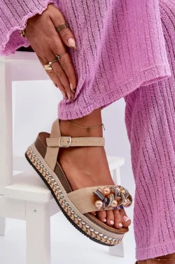 Damskie buty S.Barski Sandały Na Koturnie*Sandały Damskie Na Koturnie I Platformie Z Ozdobami S.Barski HY056 Beżowe