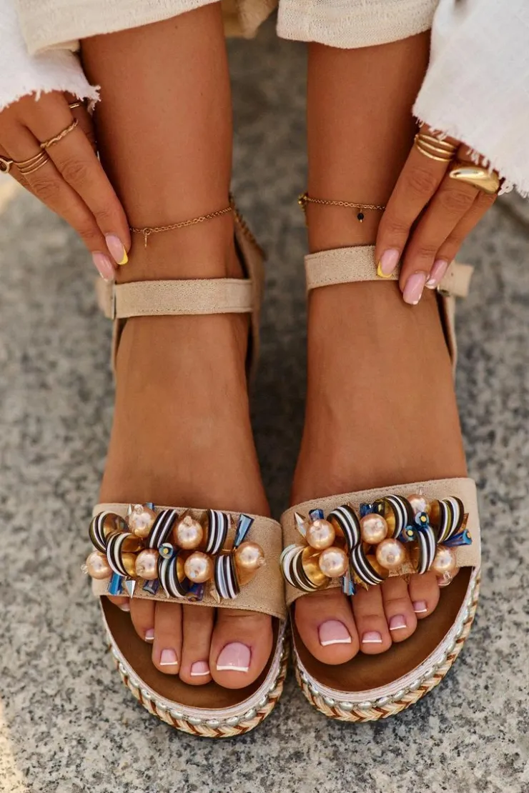 Damskie buty S.Barski Sandały Na Koturnie*Sandały Damskie Na Koturnie I Platformie Z Ozdobami S.Barski HY056 Beżowe