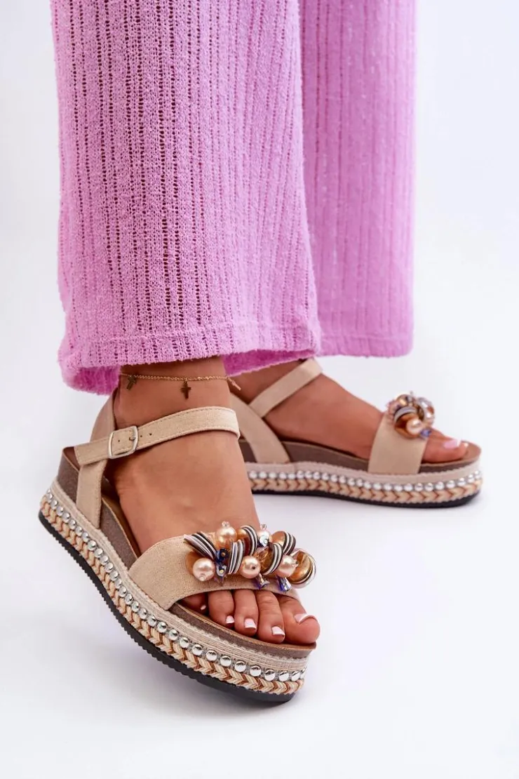 Damskie buty S.Barski Sandały Na Koturnie*Sandały Damskie Na Koturnie I Platformie Z Ozdobami S.Barski HY056 Beżowe