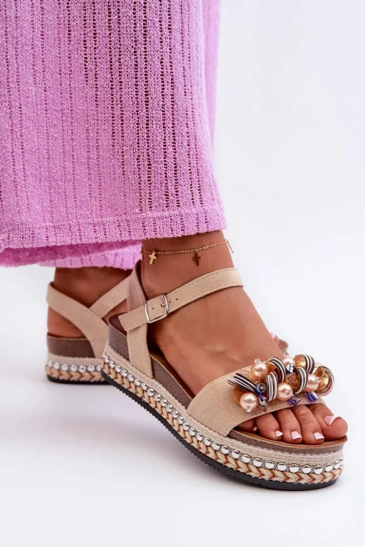 Damskie buty S.Barski Sandały Na Koturnie*Sandały Damskie Na Koturnie I Platformie Z Ozdobami S.Barski HY056 Beżowe