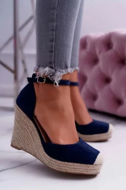 Boto Sandały Na Koturnie*Sandały Damskie Na Koturnie Lniane Granatowe Tammaris