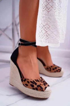 Outlet Boto Sandały Damskie Na Koturnie Lniane Leopard Canterola