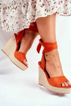 Boto Sandały Na Koturnie*Sandały Damskie Na Koturnie Wiązane Pomarańczowe Belleza