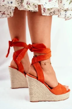 Boto Sandały Na Koturnie*Sandały Damskie Na Koturnie Wiązane Pomarańczowe Belleza