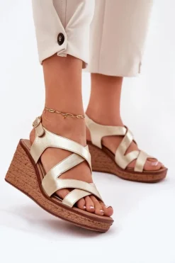 Damskie Buty Sergio Leone Sandały Damskie Na Koturnie Sergio Leone SK223 Złote