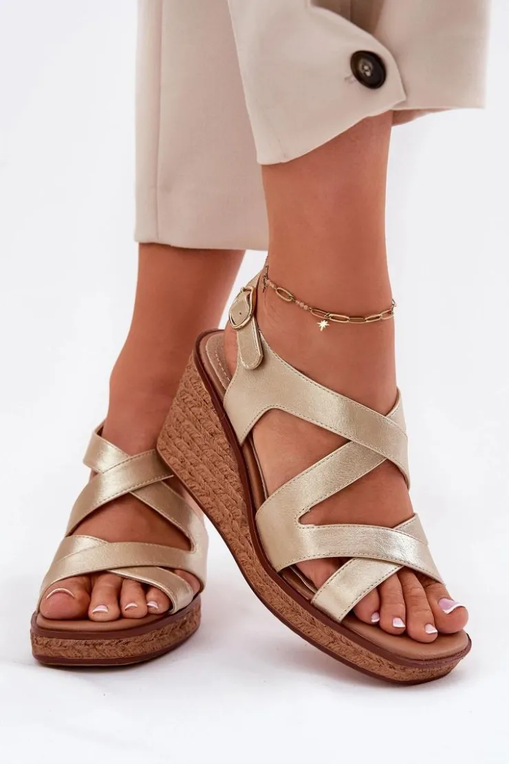 Damskie Buty Sergio Leone Sandały Damskie Na Koturnie Sergio Leone SK223 Złote